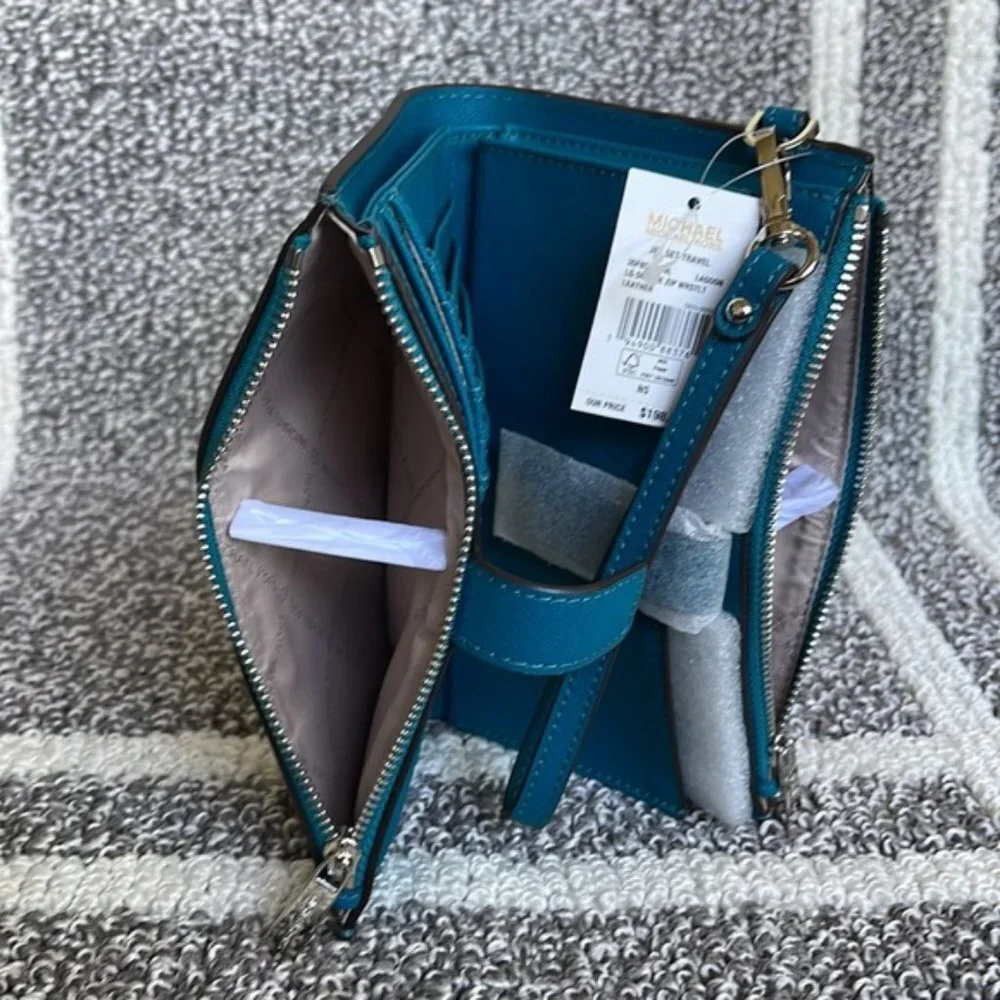Michael Kors Large Double Zip Leather Wallet Wristlet Phone Case Lagoon